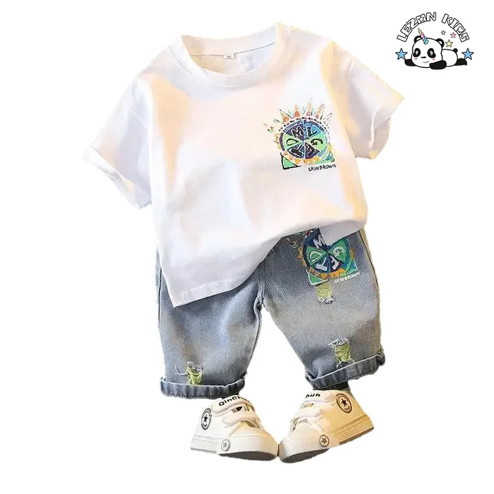 LEZONKIDS - Wholesale Private Label Fashionable Sports Short Sleeved Two-piece Set Kids Boys Casual Clothing Sets